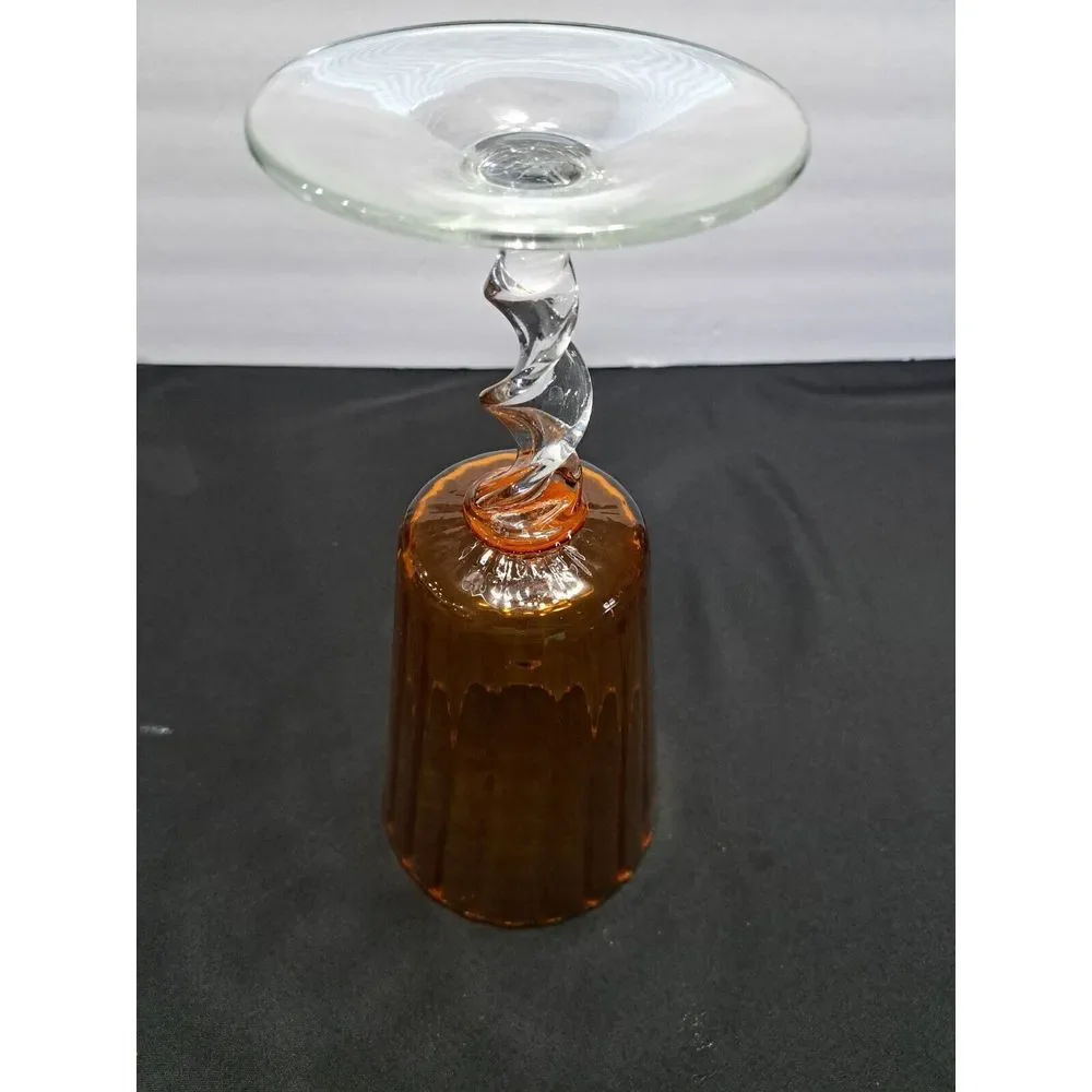 Vintage Amber Art Glass Large Paneled Flower Vase Twisted‎ Stem Scalloped